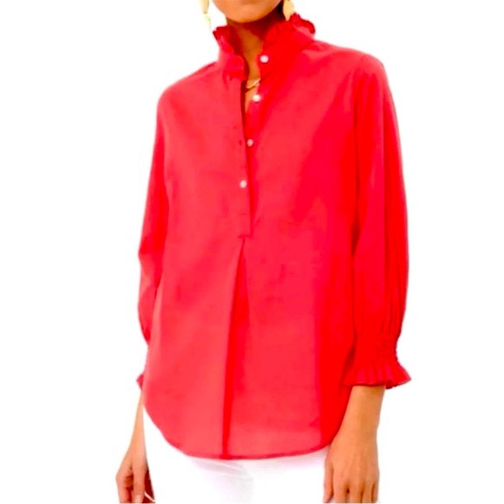 Tuckernuck Teagan Popover Shirt in Poppy Red, 3/4 Sleeve Blouse, Size SMALL